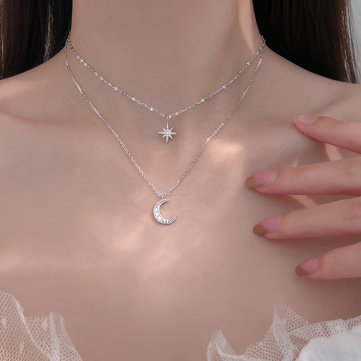 Double Pendant Necklace Moon and Star for Women