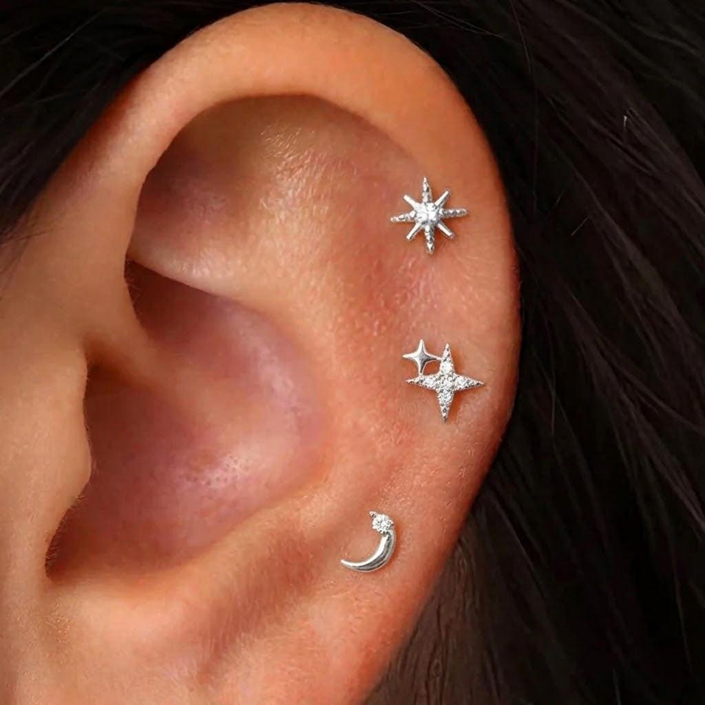 Boucles d'Oreilles Clou Croissant de Lune et Etoiles