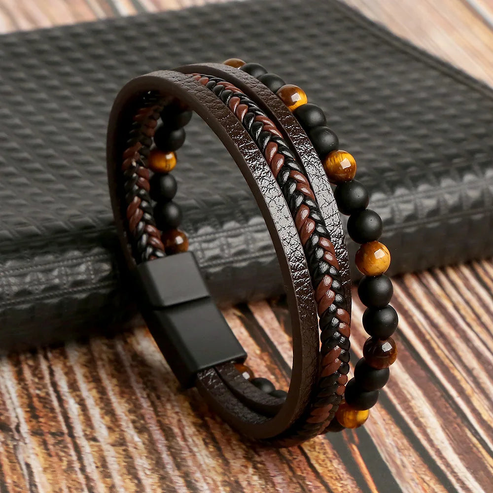 Men's Tiger Eye ID Bracelet Brown and Black Leather