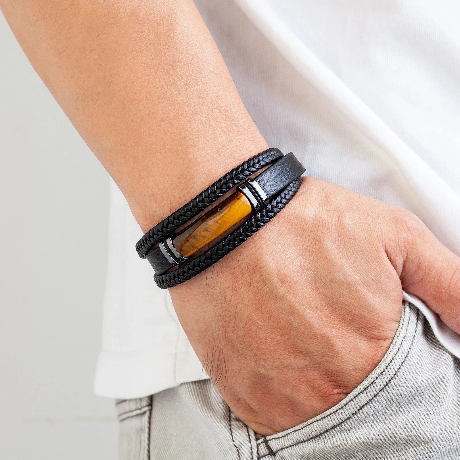 Tiger Eye Leather Bracelet for Men