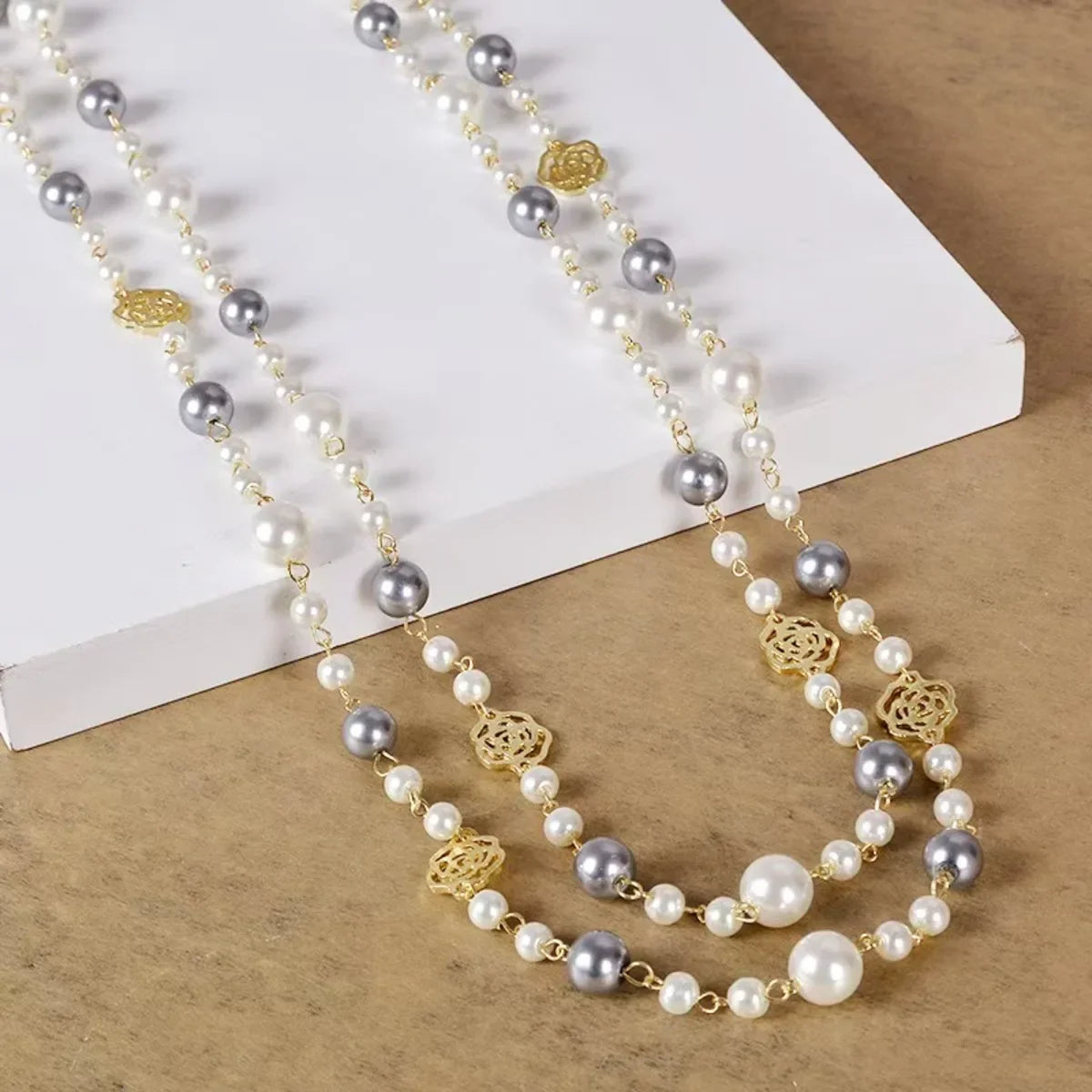 Large Triple Pearl Necklace for Women gray