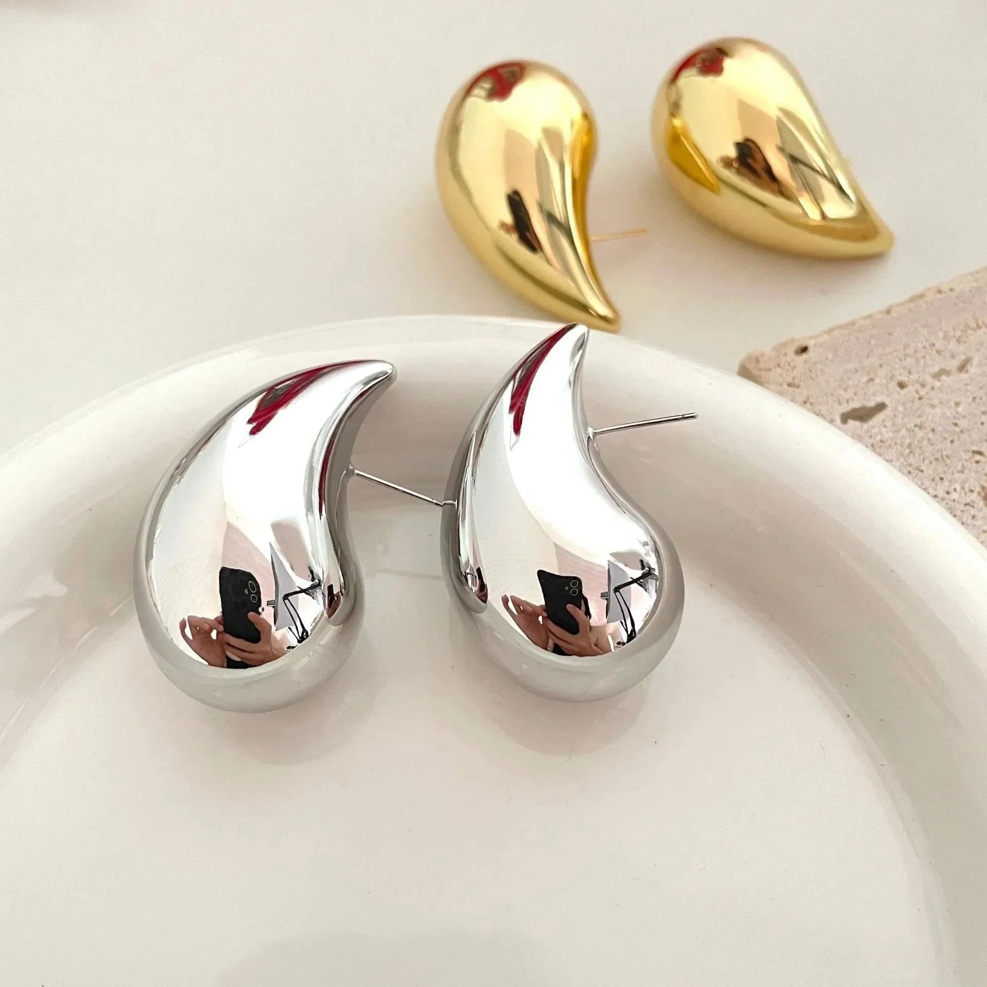 Large Gold Water Drop Stud Earrings