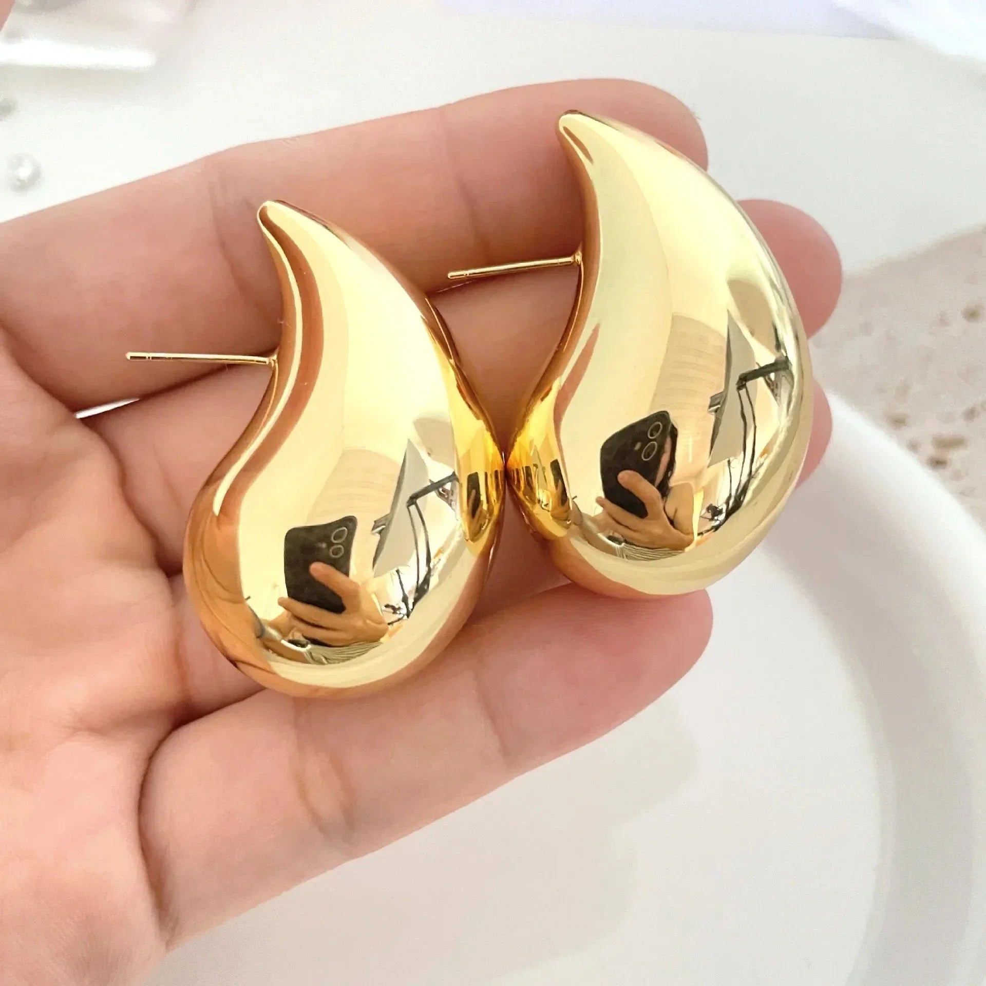 Large Gold Water Drop Stud Earrings