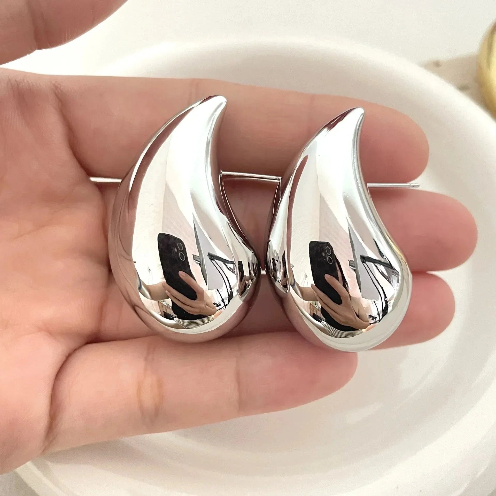 Large Silver Water Drop Stud Earrings
