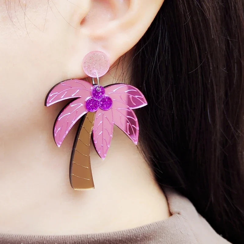 Grandes boucles d'oreilles colorées palmier rose