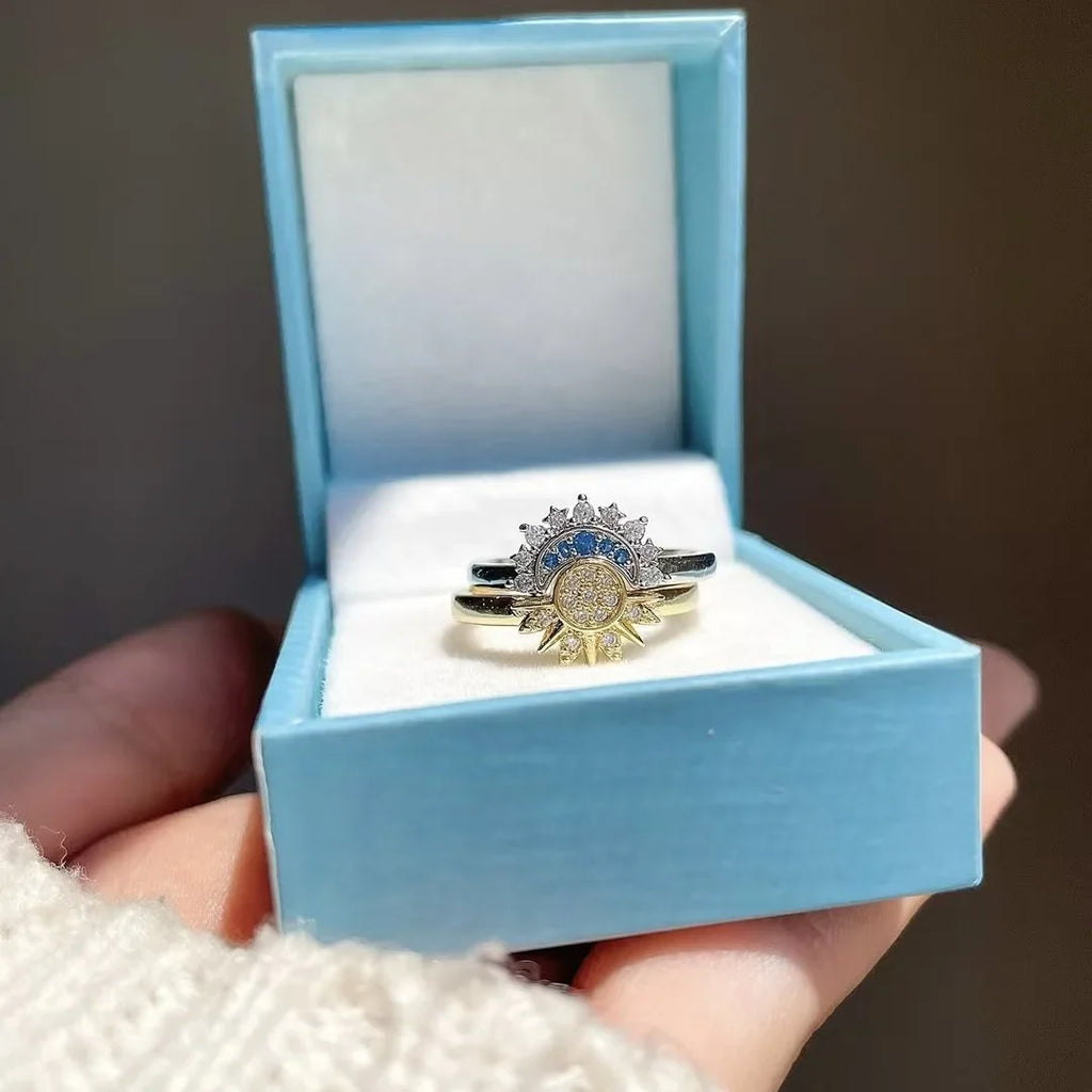 Set of 2 Moon or Sun Zircon Rings for Couples