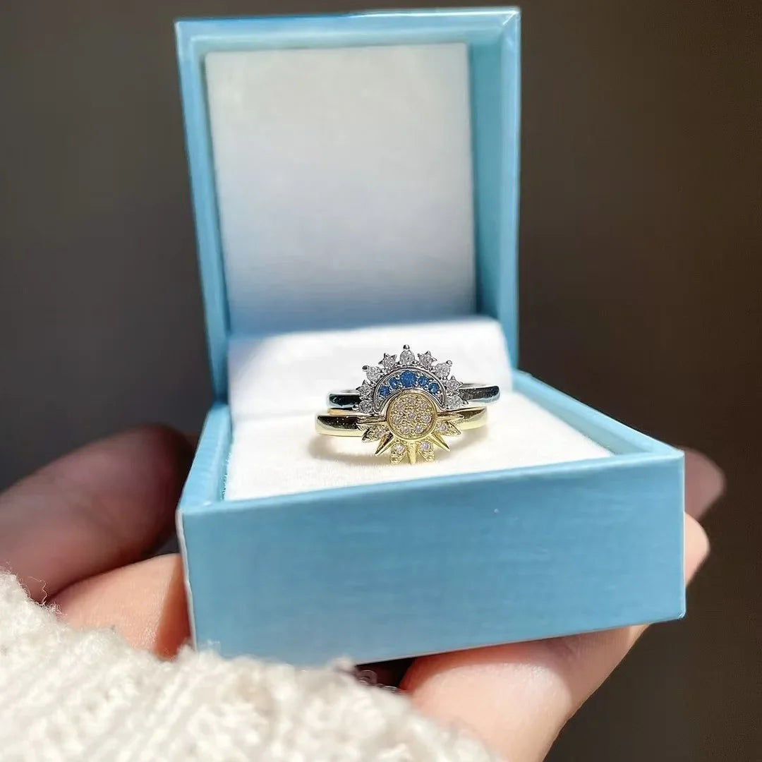 Set of 2 Moon or Sun Zircon Rings for Couples