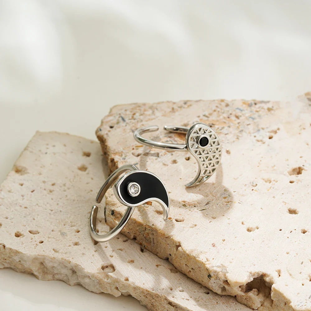 Set of 2 Yin Yang Rings with Zircon
