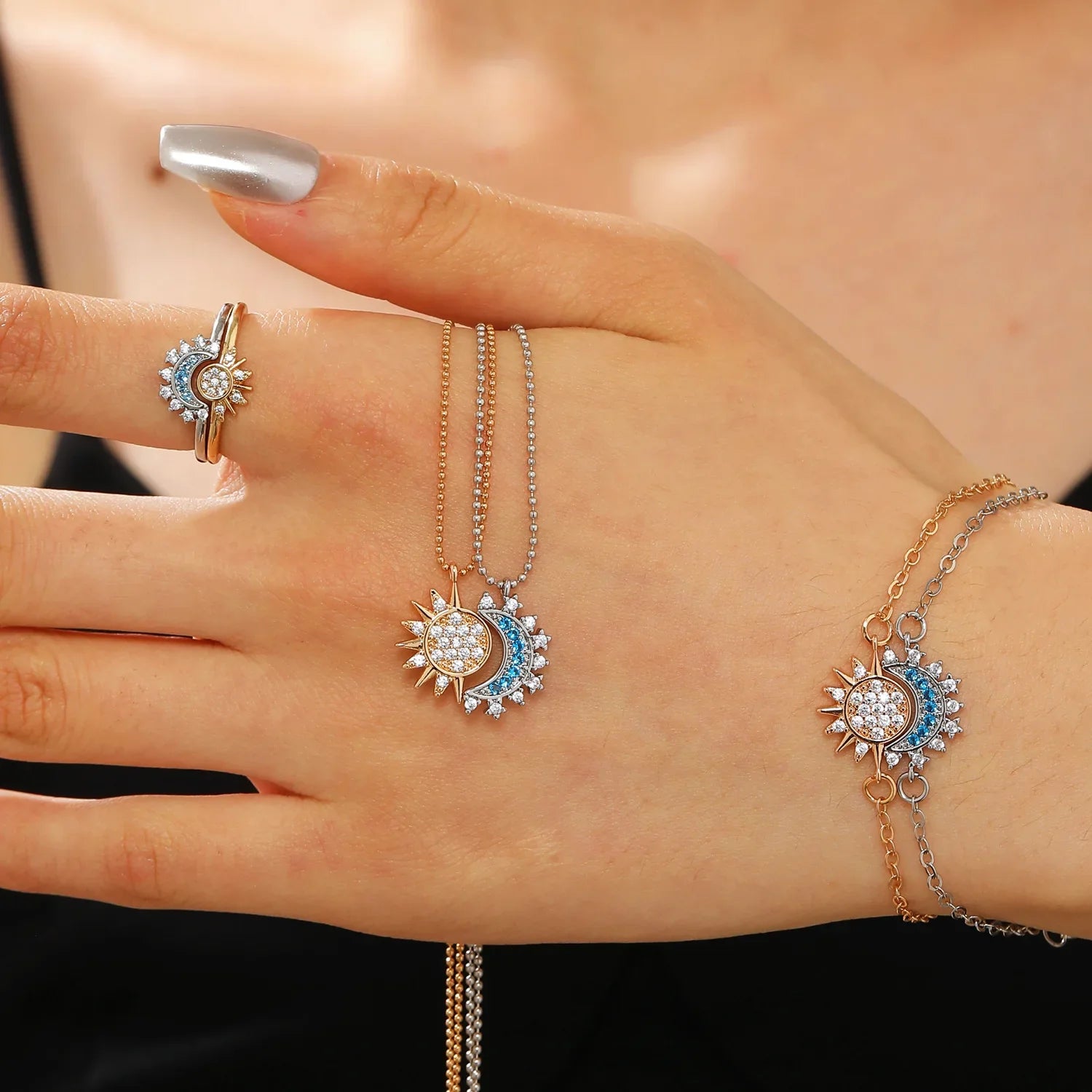 Set of 2 Moon or Sun Zircon Bracelets for Couples