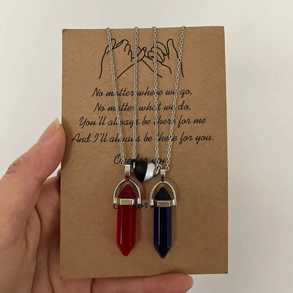 Lot de 2 Colliers avec Pendentif en Pierre pour Couple rouge et bleu