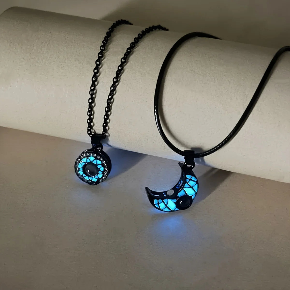 Set of 2 Necklaces with Glowing Moon or Sun Pendant for Couples