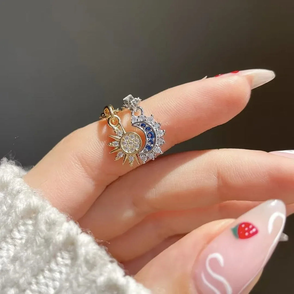 Set of 2 Necklaces with Moon or Sun Pendant in Zircon for Couple gold and silver