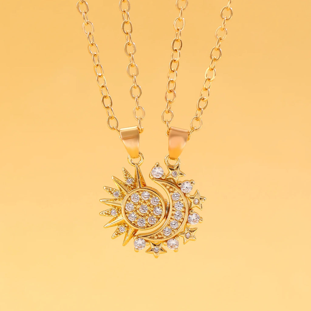 Set of 2 Necklaces with Moon or Sun Pendant in Zircon for Couple gold