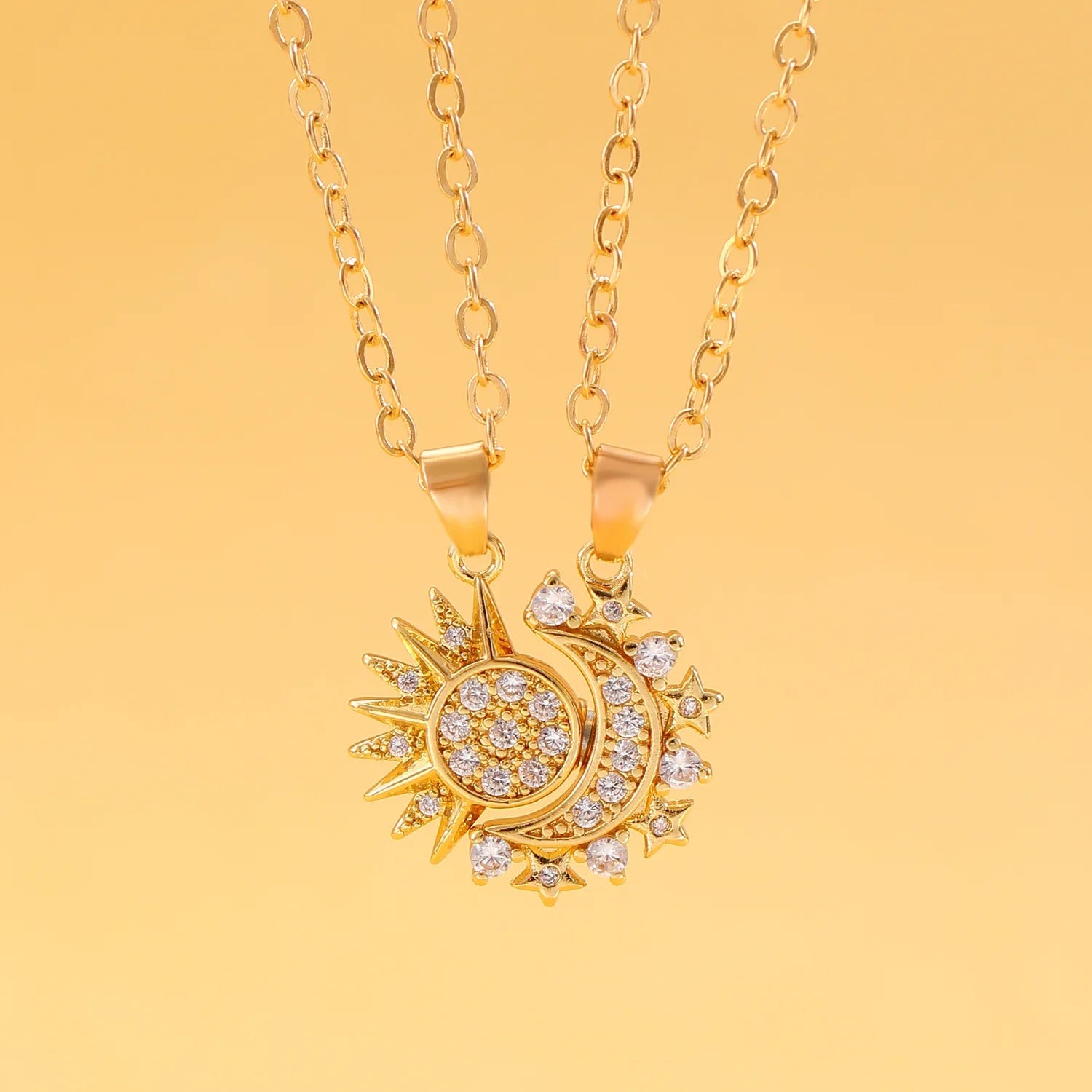 Set of 2 Necklaces with Moon or Sun Pendant in Zircon for Couple gold
