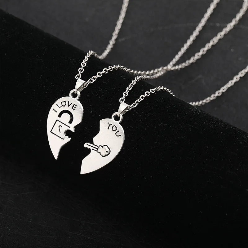 Set of 2 Necklaces with Half-Heart "I Love You" Pendants for Couples in Love