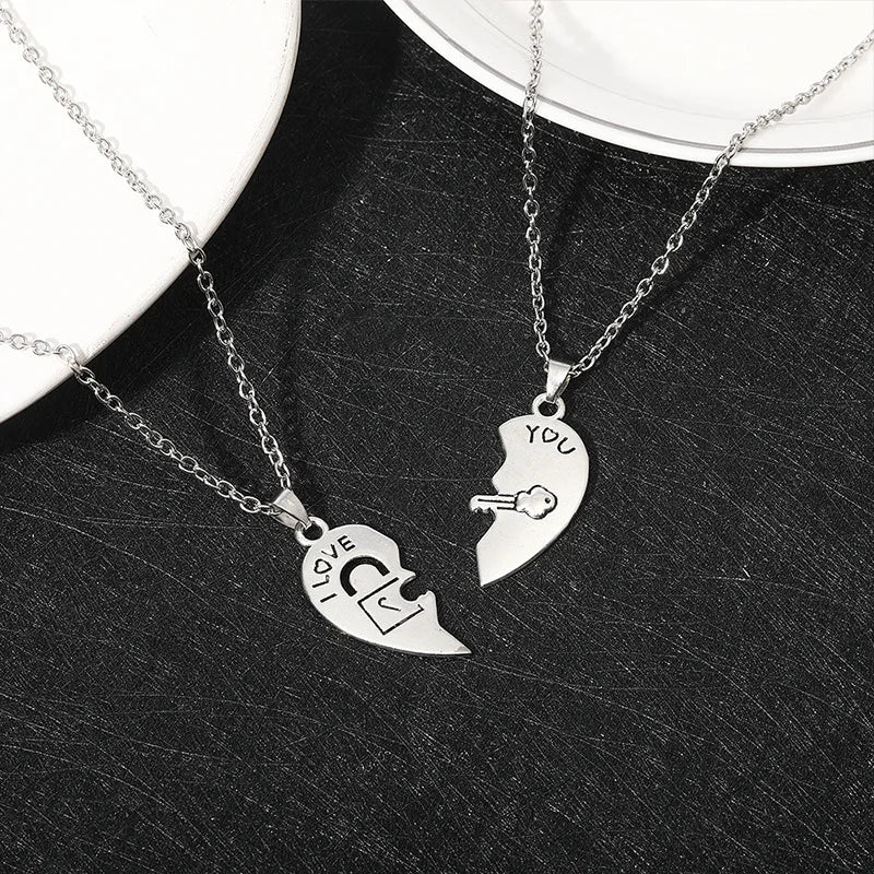 Set of 2 Necklaces with Half-Heart "I Love You" Pendants for Couples in Love