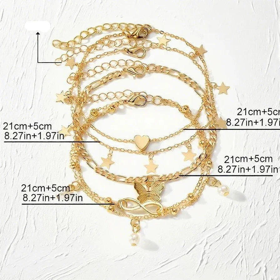 Lot de 5 bracelets de cheville étoile, infini, papillon, perles et coeur