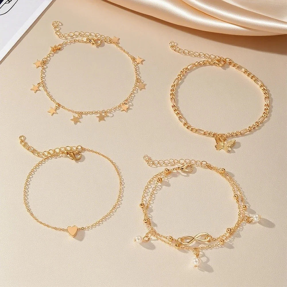 Lot de 5 bracelets de cheville étoile, infini, papillon, perles et coeur