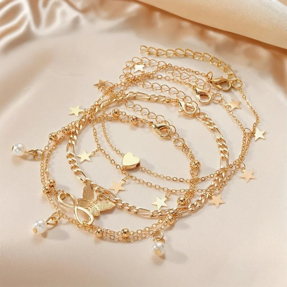 Lot de 5 bracelets de cheville étoile, infini, papillon, perles et coeur