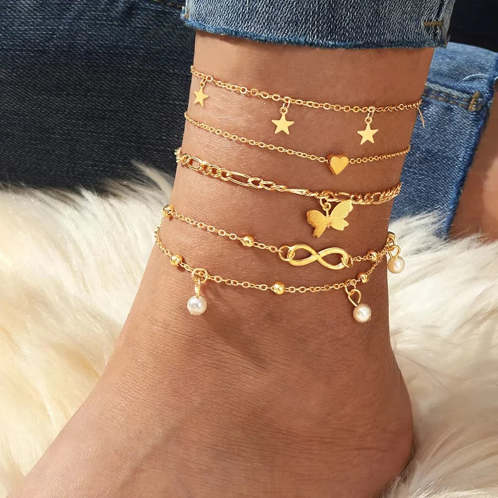 Lot de 5 bracelets de cheville étoile, infini, papillon, perles et coeur