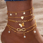 Lot de 5 bracelets de cheville étoile, infini, papillon, perles et coeur