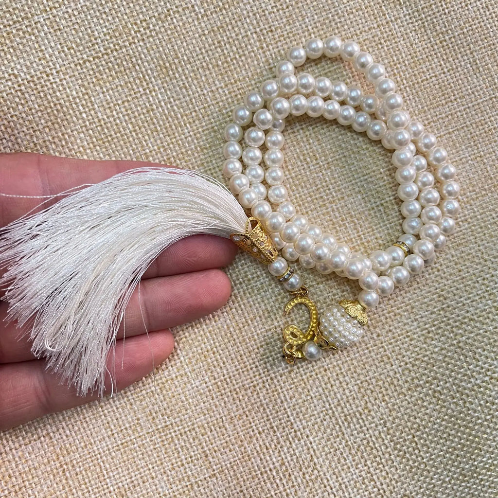 Misbaha 99 Perles - Chapelet de Prière Islamique avec Pompon beige