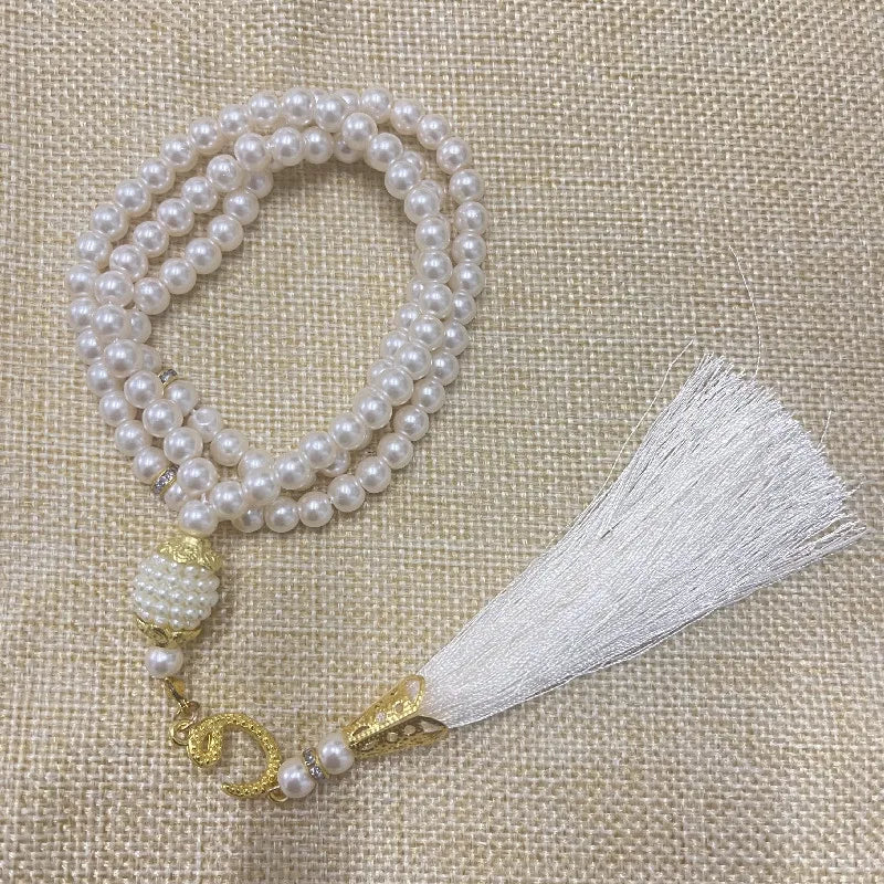 Misbaha 99 Perles - Chapelet de Prière Islamique avec Pompon blanc