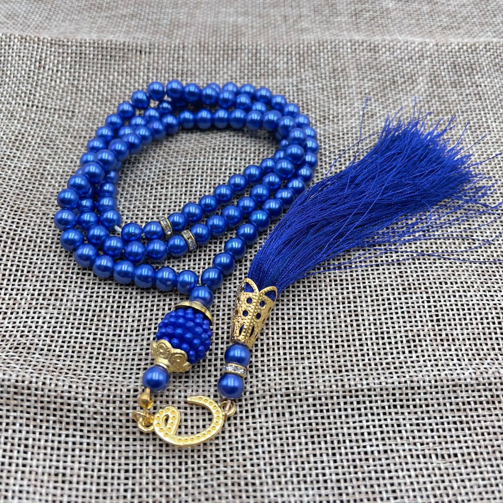 Misbaha 99 Perles - Chapelet de Prière Islamique avec Pompon bleu