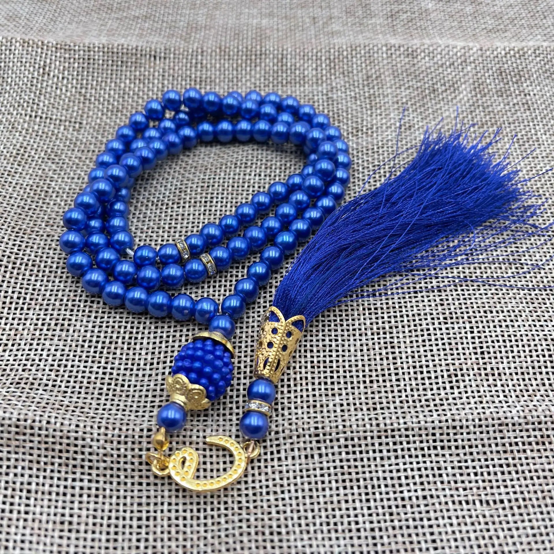 Misbaha 99 Perles - Chapelet de Prière Islamique avec Pompon bleu