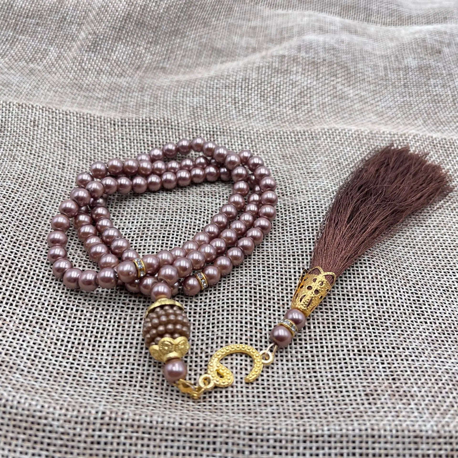 Misbaha 99 Perles - Chapelet de Prière Islamique avec Pompon  marron