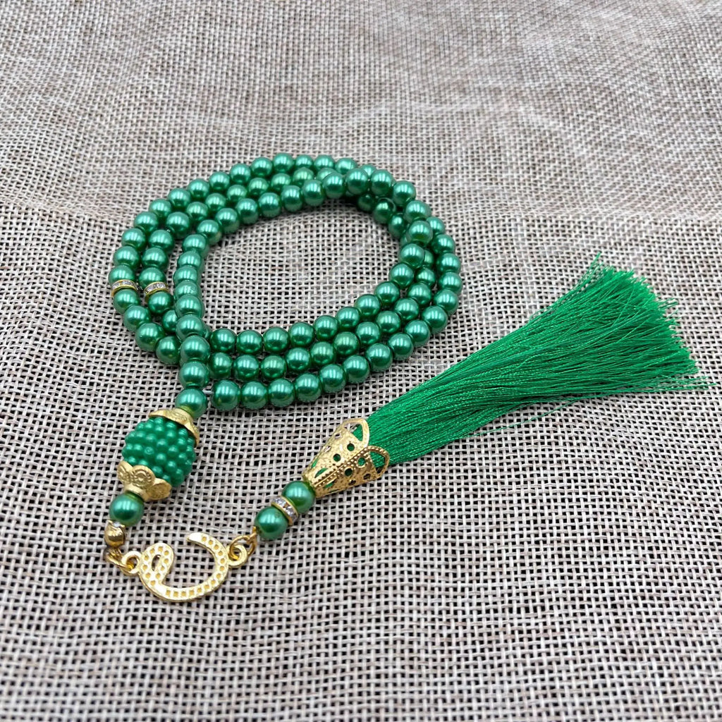 Misbaha 99 Perles - Chapelet de Prière Islamique avec Pompon vert