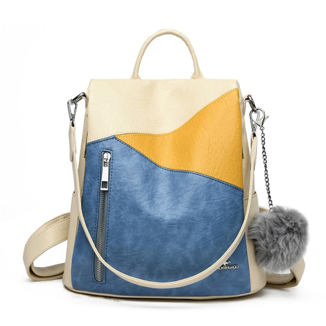 Tricolor Blue Leather Backpack for Women with Shoulder Strap