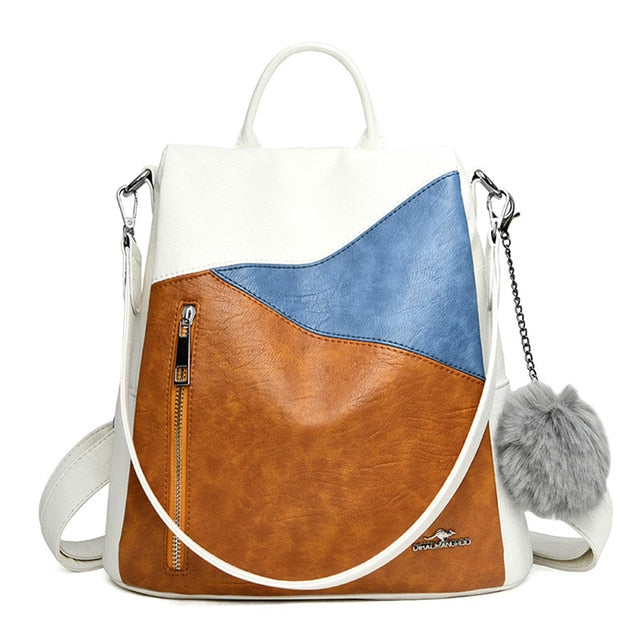 Tricolor Brown Leather Backpack for Women with Shoulder Strap