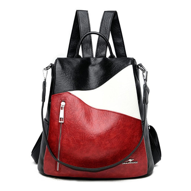 Tricolor Red Leather Backpack for Women with Shoulder Strap