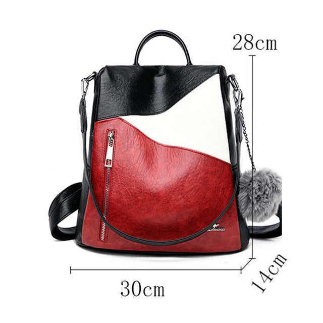 Tricolor Red Leather Backpack for Women with Shoulder Strap