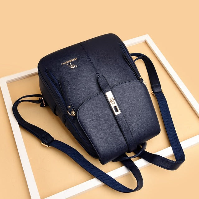 Navy Blue Leather Women's Backpack
