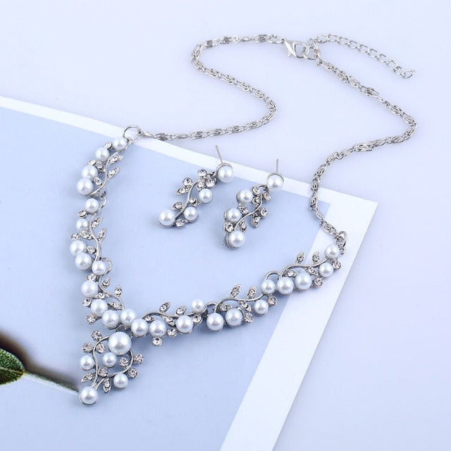Wedding Necklace and Earring Set with Pearl Jewelry