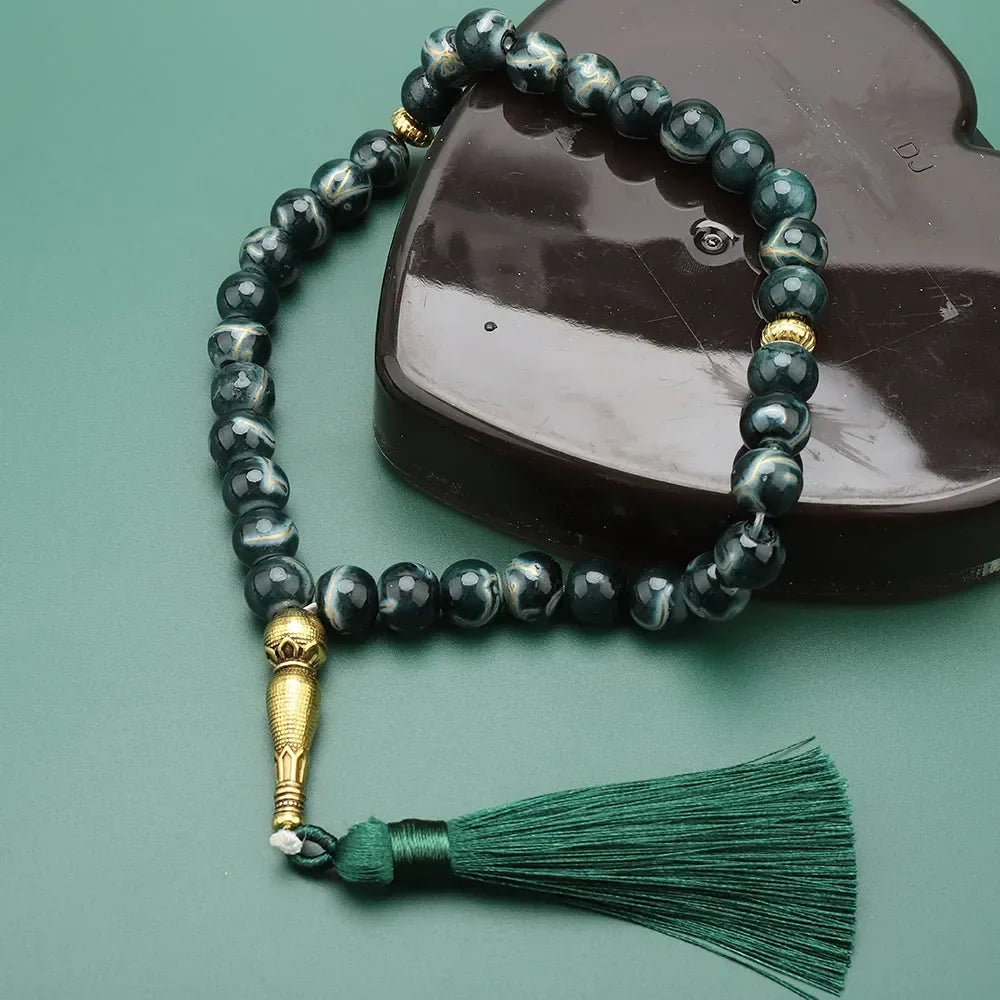 Tasbih Long 33 Perles noir - chapelet de prière musulman vert